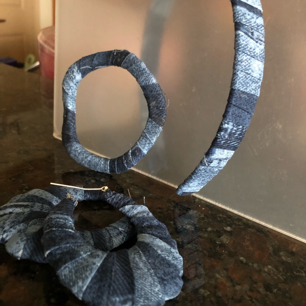 Blue Patterned Fabric Hoop Earrings and Headband Set Handmade